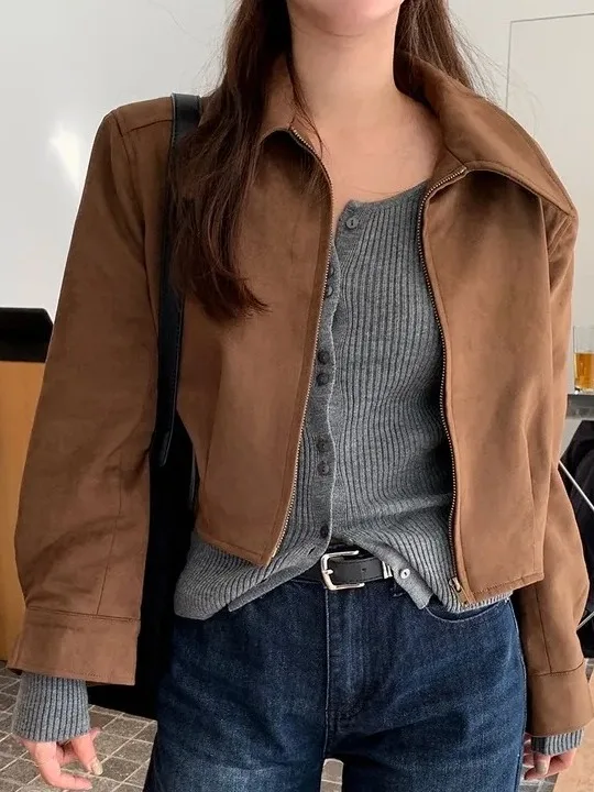 

Retro Autumn Winter Zipper Collar Chic Loose Suede ort Jaet Women's Open Cardigan Korean Sle Faionable Outerwear