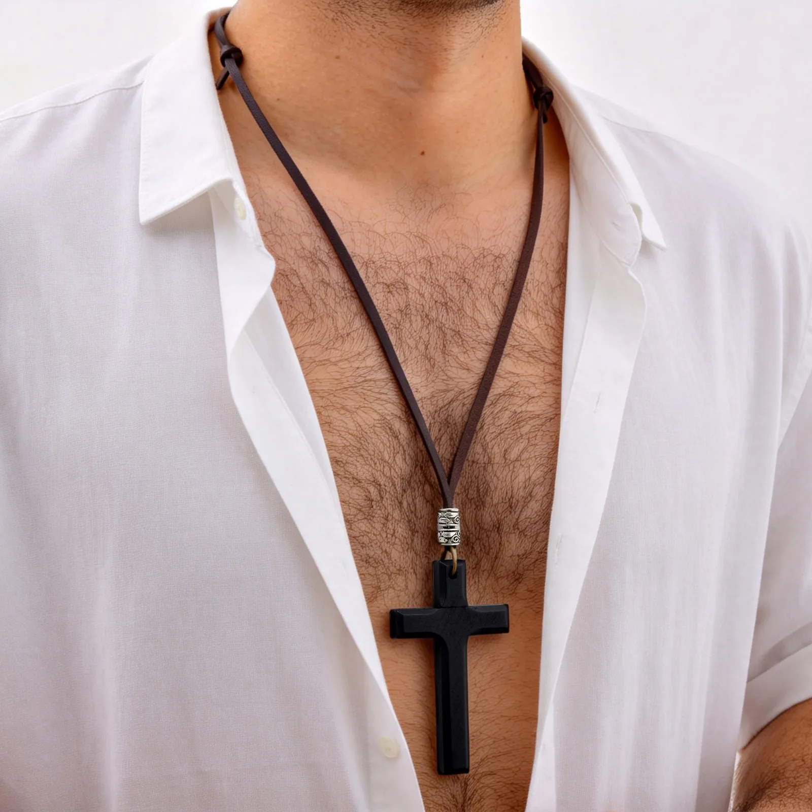 Große Holzkreuz-Halskette für Männer, Katholisches Kreuz Jesus Christus Langes Anhänger-Collier, Glaubens- und Gebetsreligiöser Schmuck – Detail 5