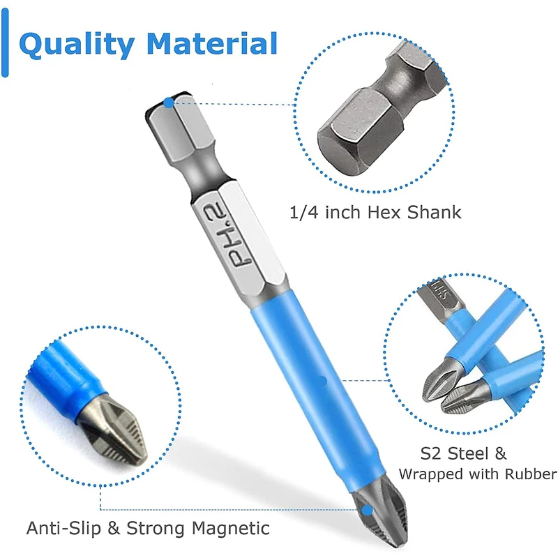 10Pcs 50mm Anti Slip Screwdriver Bits Magnetic Single Head PH1 PZ1 PH2,PZ2,PH3 PZ3 S2 Steel Electric Tool Phillips Bit Hex Shank