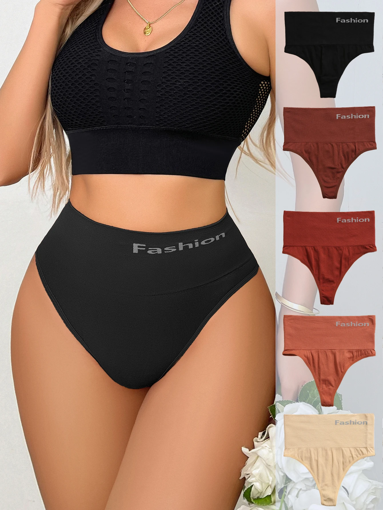 5Pcs Women's Solid Color Panties Alphabet High Waist Shapewear Sexy Ladies Briefs Breathable Women's Underwear Thong