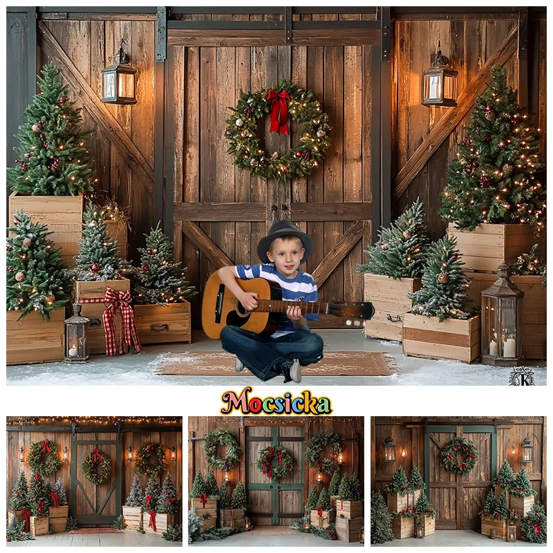 

Mocsicka Christmas Tree Background Photography House Door Room Wreath Wood Wall Backdrops Shooting Props Home Decorations Studio