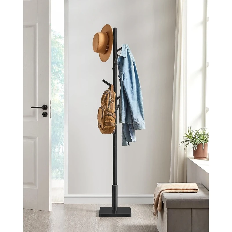 Solid Wood Coat Rack, Free Standing Hall Coat Tree with 8 Hooks, 3 Height Options, for Coats, Hats, Bags, Purses, for Entryway