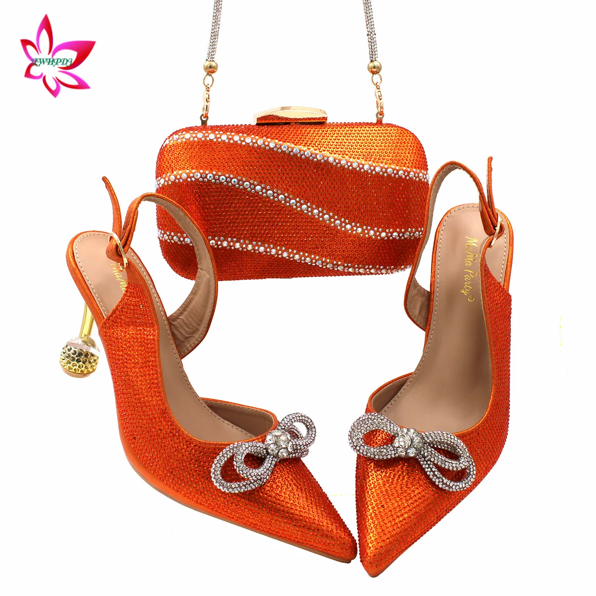 2024 Mature Buckle Strap Sandals Ladies Shoes and Bag Set in Orange Color Decorated with Butterfly Style For Women Party