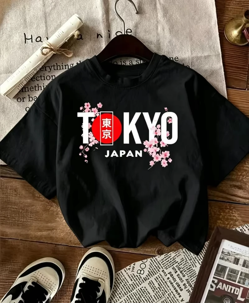 Tokyo Japan Cherry Blossom Print T-shirt Retro City Graphic Short Sleeve Tops Men Women Casual Loose Streetwear Daily Wear Tee