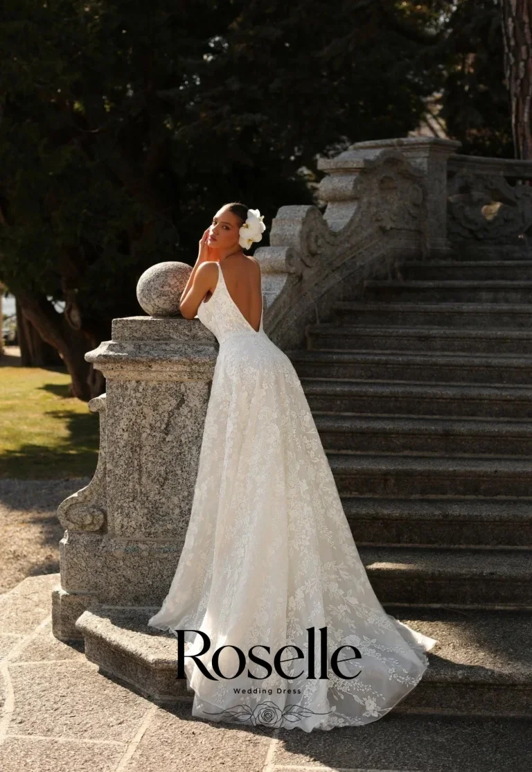ROSELLE Elegant Spaghetti Strap Deep V-Neck A-Line Wedding Dress Lace Bow Open Back Sweep Train 2026 Customized Vestido De Novia