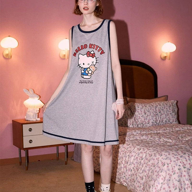 2024 Summer Hello Kitty Kawaii Nightdress Girls Sanrios Cute Cartoon Cotton Breathable Sleeveless Pajamas Soft Home Nightgown