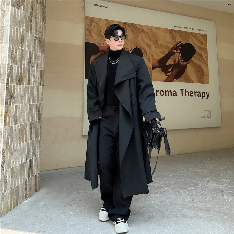 

Autumn Winter Bla Cleanfit Long Over-Knee Men's Windbreaker oulder Pad Design Classic Sle Polyester Casual Coat