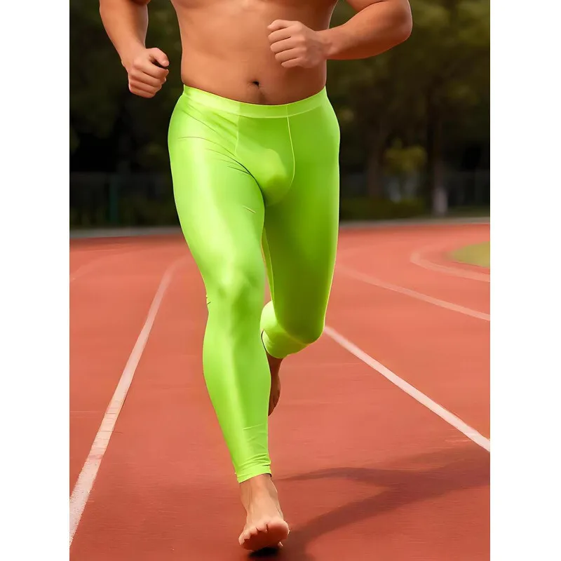 Men Glossy Silky Compression Pants Plus Size Quick Dry Tight Leggings for Running Gym Workout Training Sports Trousers