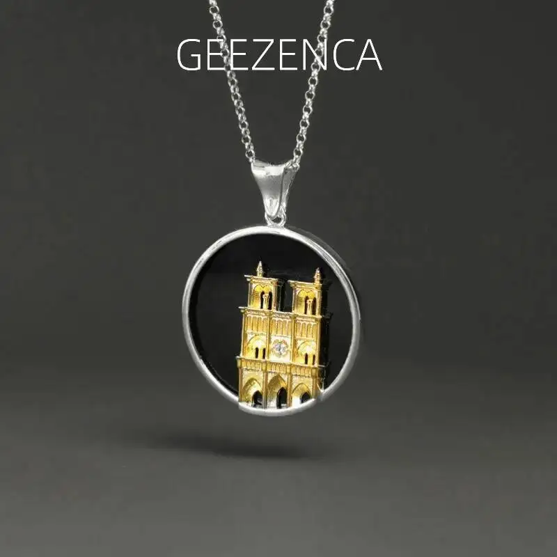 

GEEZENCA 925 Sterling Silver Two Tone Blue Black Agate Notre Dame Cathedral Necklace Pendants Without Chain Women 2024 New Gift
