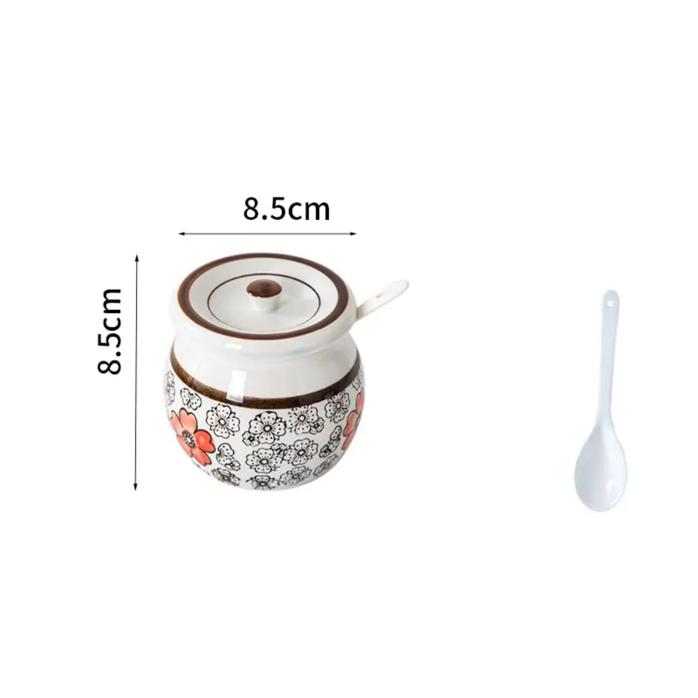 

High Temperature Resistant Ceramic Lard Jar with Lid with Spoon Spice Jars Chinese Traditional Japanese-Style