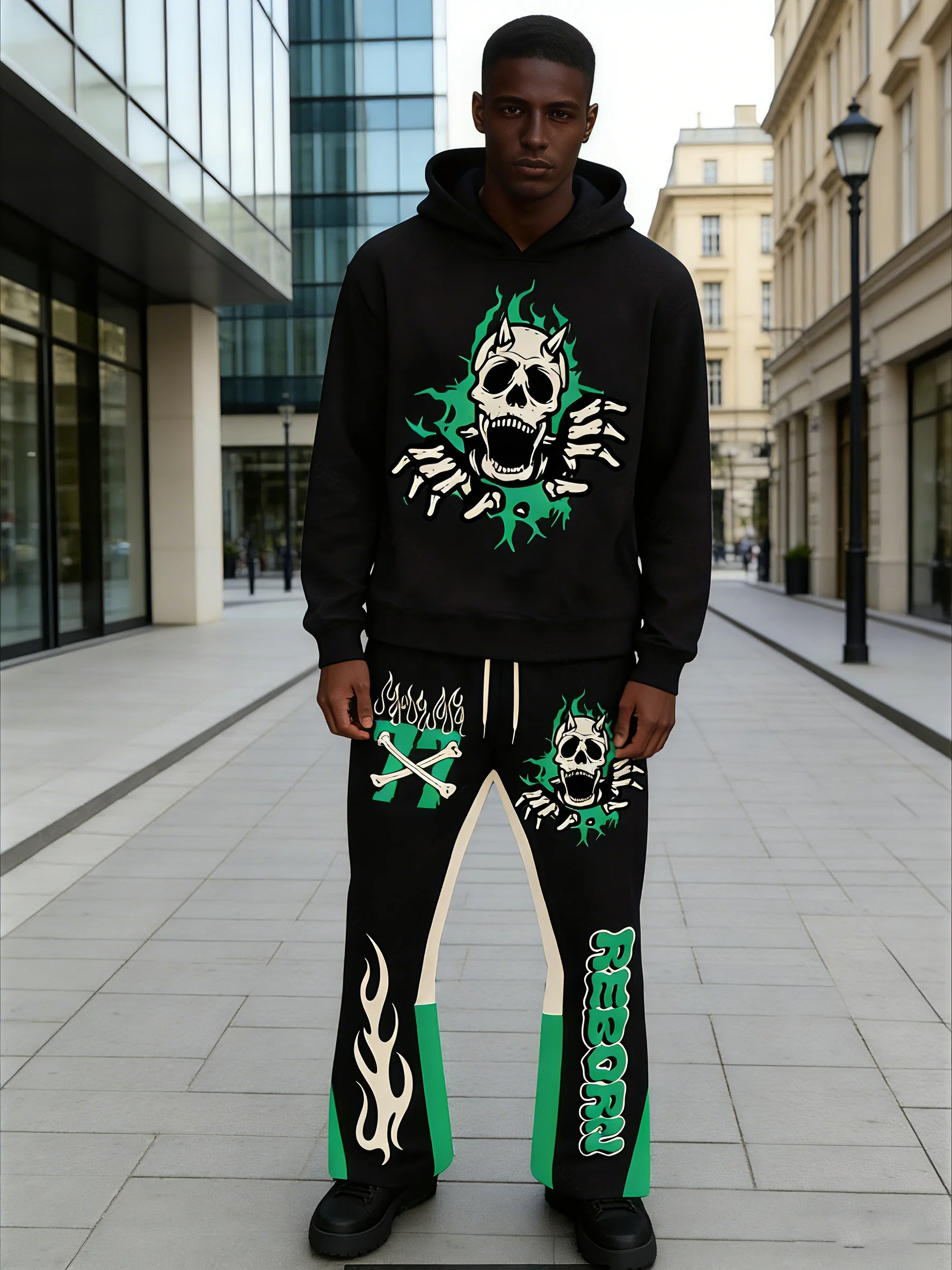 

Мужской комплект в американском уличном стиле: худи и джоггеры с уникальным дизайном, включающим изображения черепа, пламени и номера 77.
