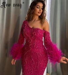 Hot Pink Mermaid Long Evening Dress Luxury Feather 2024 Wedding Party Gowns With Fuchsia Pealrs Bride Gowns вечернее платье