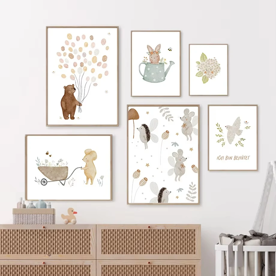Boho Cartoon Farm Posters Prints Rabbit Bear Balloon Hedgehog Flower Duck Canvas Painting Wall Art Baby Kids Room Home Decor