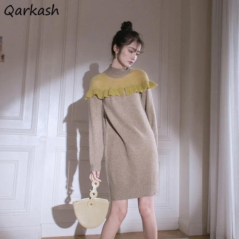 

Gentle Retro Soft Ruffled Long Sleeve Dresses for Women Panelled Patchwork Sweet Lovely Girls All-match Korean Fashion Casual