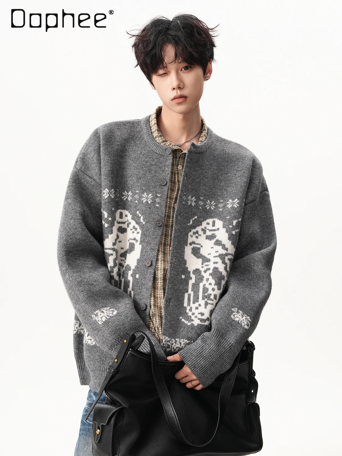 

Осень-зима 202, новый мужской жаккардовый серый вязаный кардиган в американском стиле, свободный универсальный темно-синий свитер в стиле ретро