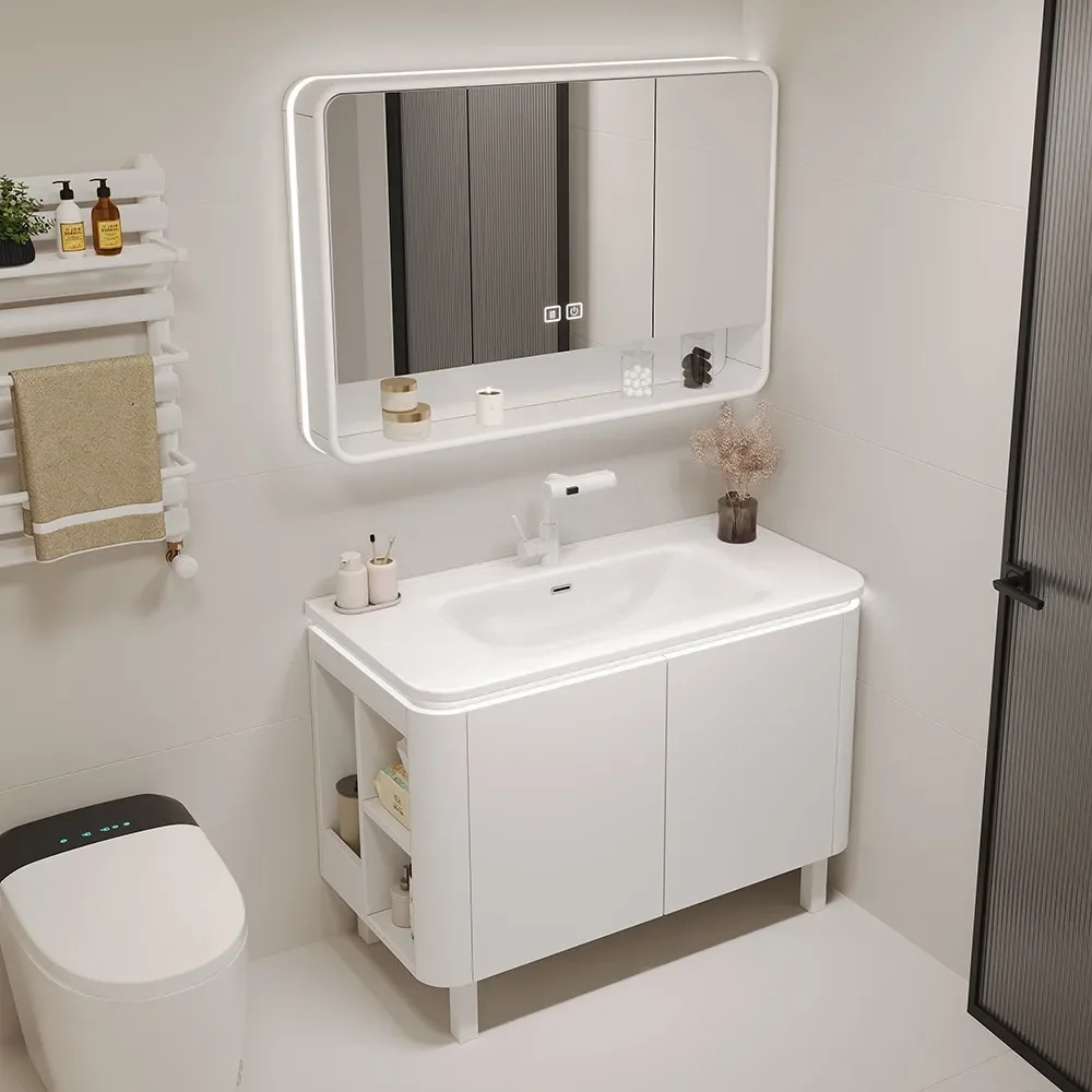 Gabinete de Baño Blanco Réplica, Mueble de Baño con Almacenamiento Lateral, Mueble de Baño con Lavabo de Cerámica Inteligente, Estilo Posmoderno, Muebles para el Hogar