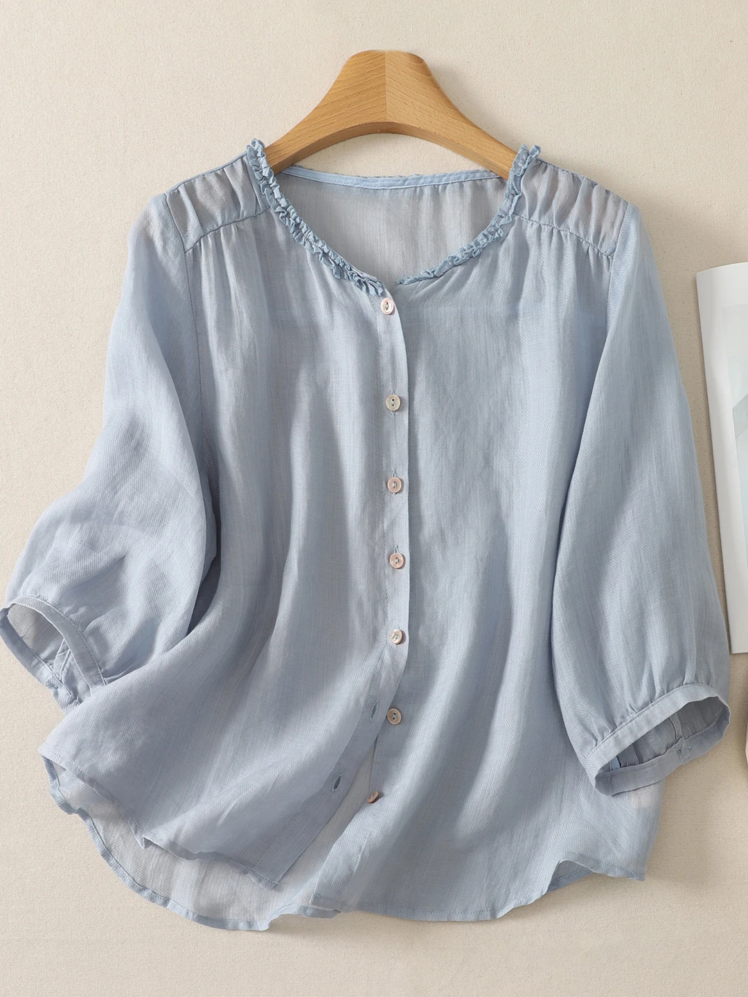 

Elegant Short Sleeve Loose Women's Shirt Summer Fashionable Versatile Age-Defying Seven-Quarter Sleeve Top Artistic Style Bre...