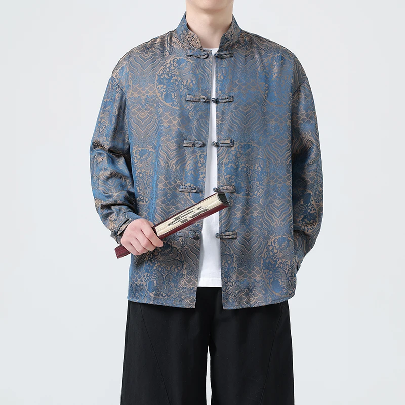 

New Autumn Chinese Sle Men's irt Han Su Middle Long Sve Patterned Tai Chi Kung Fu Top Ethnic Sle Polyester Rayon