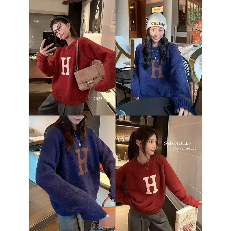 Jacquard letter sweater for women in autumn and winter, lazy college style, soft and loose and slim pullover, round neck knitted