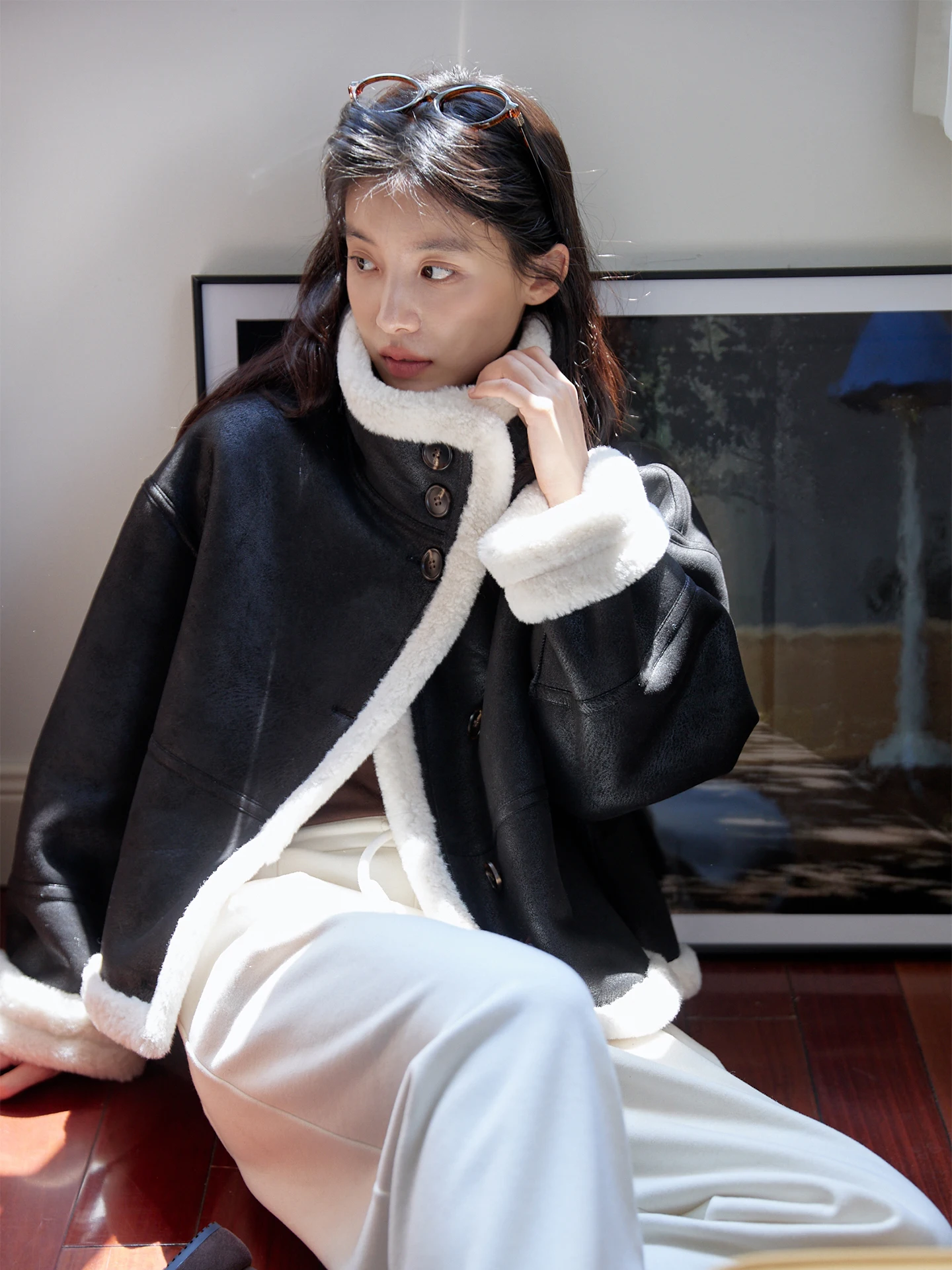 معطف فرو خروف من MIXABO Bla صديق للبيئة للنساء بياقة واقفة من الجلد والفراء ملابس للدراجات النارية من جلد الغزال ملابس خارجية...