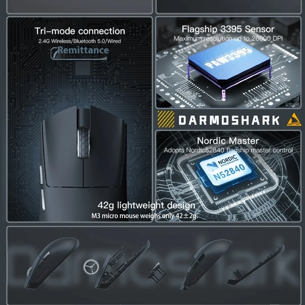 Imagem -04 - Darmoshark m3 Micro Mouse para Jogos 8k sem Fio Bluetooth Mouse para Jogos 26000dpi Pam3395 Nórdico N52840 Ttc Computador de Escritório Notebook