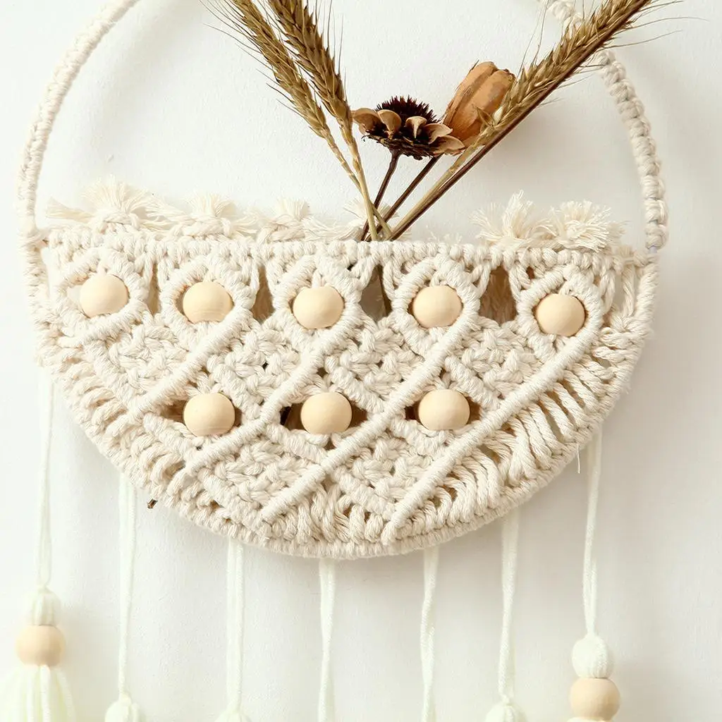Beige Macrame Wall Hanging Handmade Tapestry Geometric art of Letter Holder Basket Entrance Bedroom