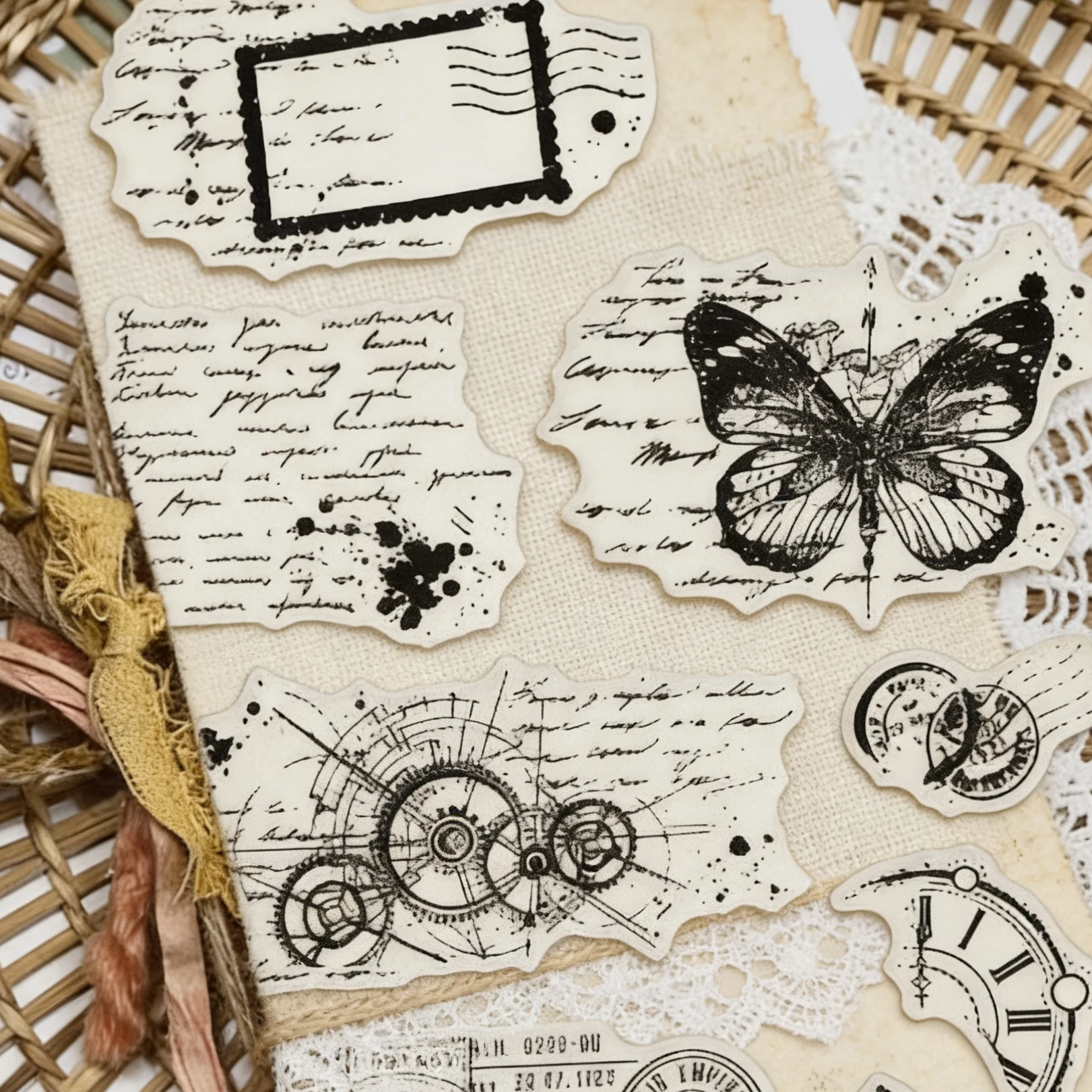 Vintage Clear Silicone Stamps Retro Butterfly Compass Clock Gear Script Background Stamps for DIY Scrapbooking Journaling Card