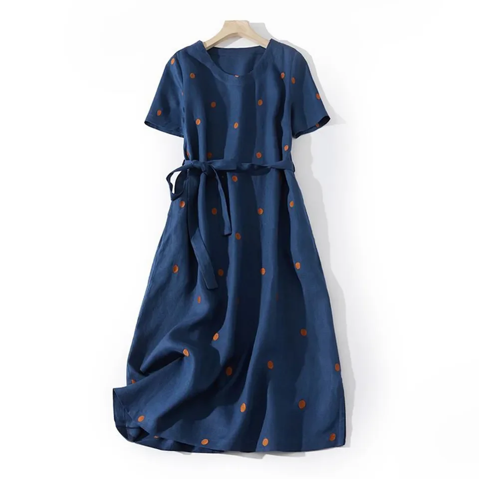 

2025 New Linen Vintage Print Polka Dot Dress Women Summer Short Sleeve Cotton Loose Casual Midi Dress Sundress Vestidos