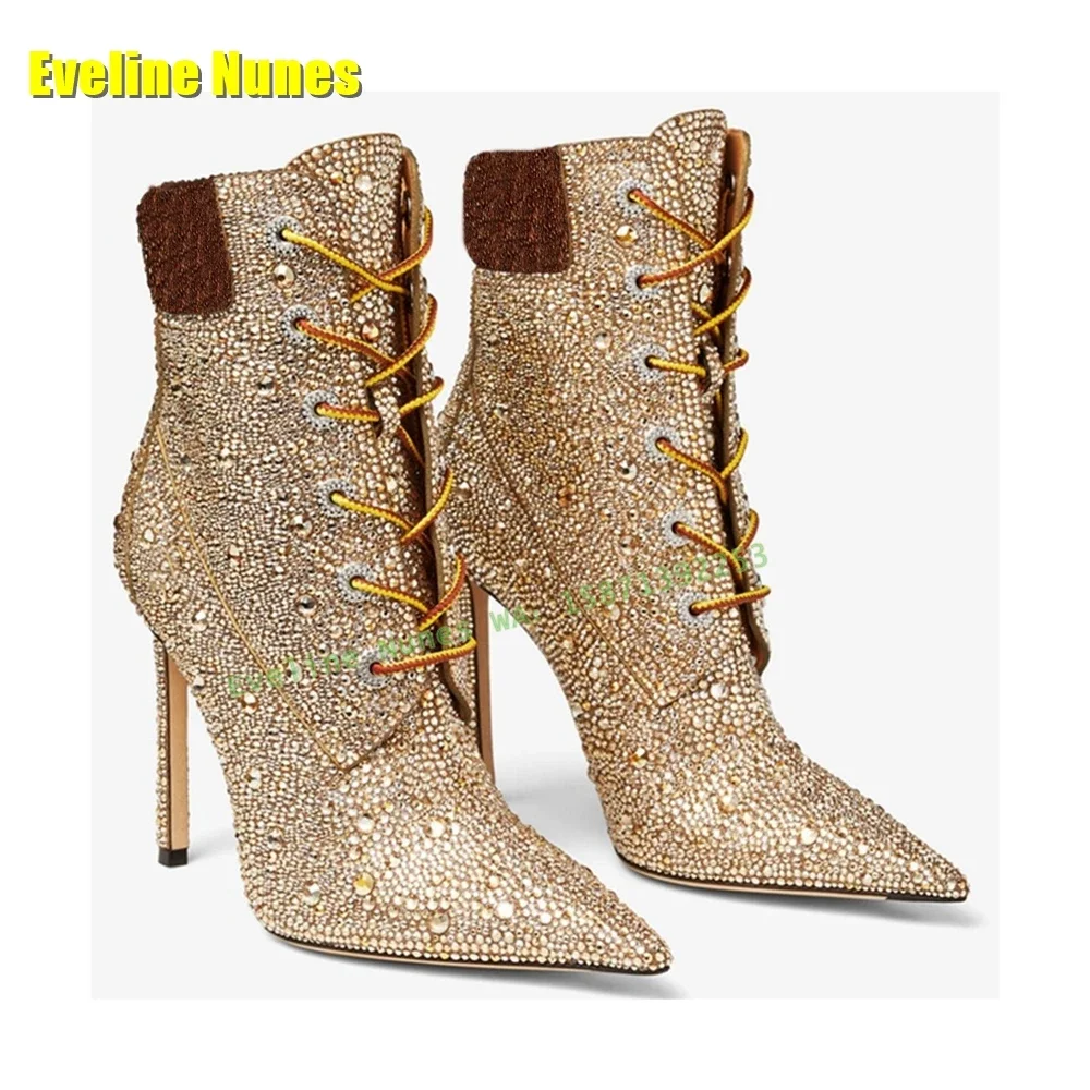 

Full Diamond Golden Shiny Ankle Boots Lace Up Luxury Patchwork Women Heavy Work Party Shoes Street Style Plus Size 2024 Newest