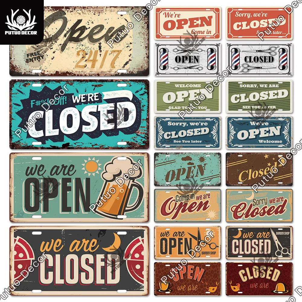 Putuo Decor OPEN & CLOSED Licenses Plate Metal Sign Plaque Metal Vintage Signs for Living Room Door Shop Restaurant Wall Decor