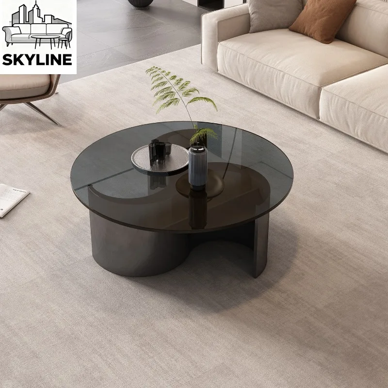Black glossy round living room home modern simple tempered glass coffee table combination