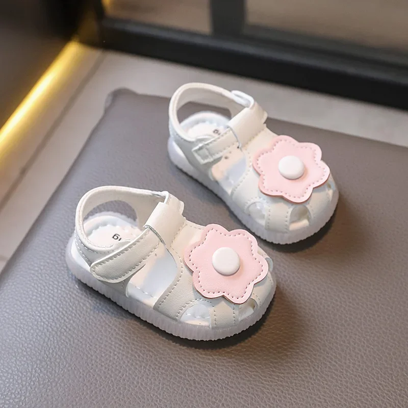 Sepatu Princess lembut untuk anak perempuan, sepatu sandal putri lucu jari tertutup sol lembut motif bunga matahari musim panas untuk anak perempuan usia 0 hingga 1