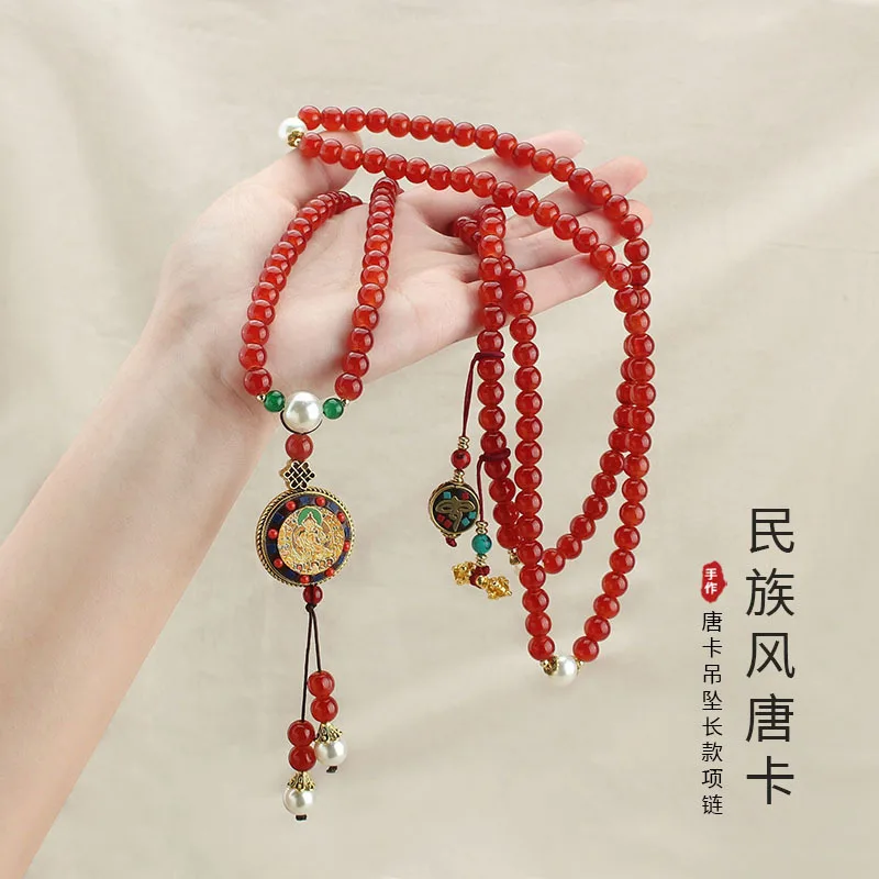 

DIY accessories New Chinese style long round beads beaded fringed necklace Tibetan thangka pendant crossbody chain sweater chain