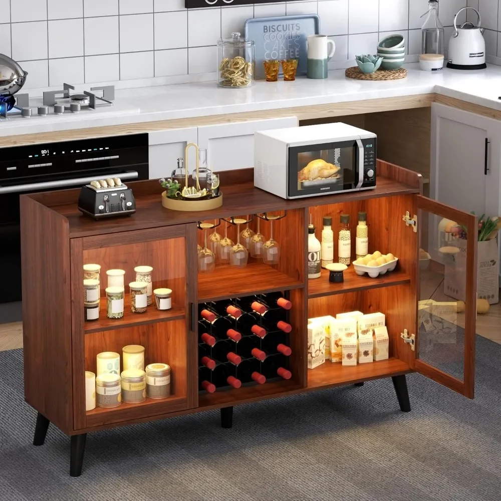 Wine Bar Cabinet with Led Light, Home Coffee Cabinet with Wine and Glass Rack, Kitchen Buffet Sideboard with Storage Shelves