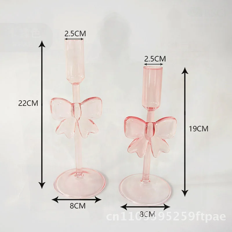 Cute Pink Bow Glass Candlestick Romantic High Color Value Desktop Decoration Festive Ornaments for Engagement Ritual