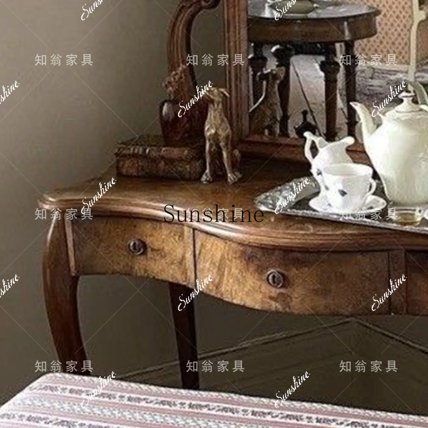 

French retro solid wood dresser small apartment bedroom multi-drawer with makeup mirrorYY