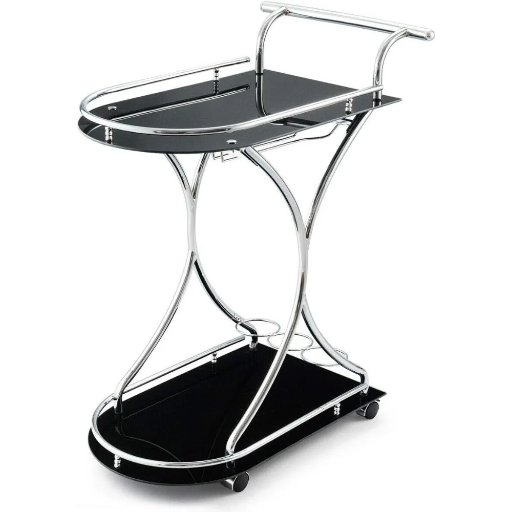 

Hotel Occasion Wedding Beverage Bar Cart, Dark Tempered Glass Dining Room Service Cart w/Bottle Holder, Kitchen Glass Island