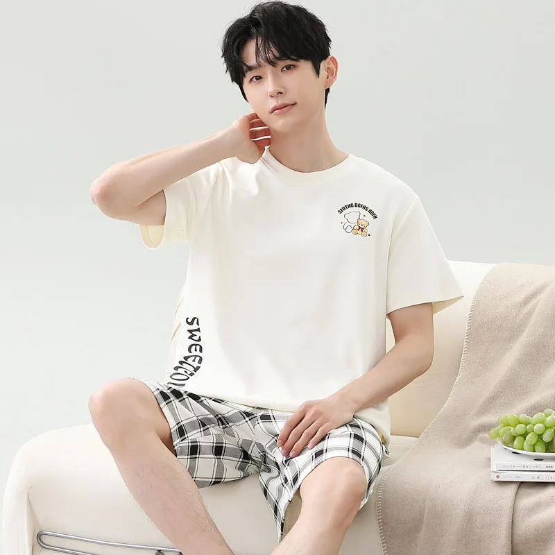 New Arrival Summer Men Pajamas Cotton Loose Fit Cartoon Pattern Short Sleeve Pullover Shorts Soft Sleepwear pyjama homme Male