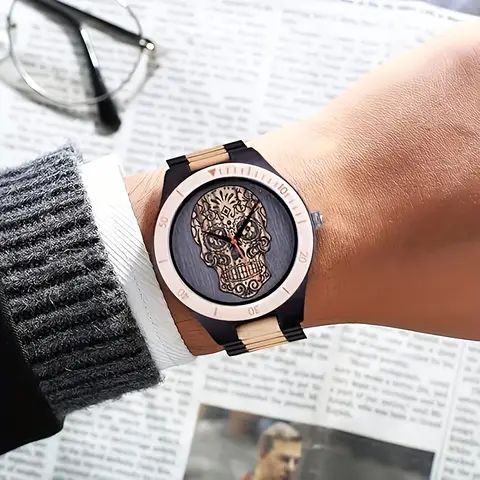 Men's Wooden Skull Watch - Two-Tone Wood Band, Day of the Dead Engraved Dial, Casual Gothic Style Quartz Wristwatch, Unique Gift