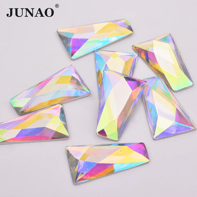 JUNAO 10Pcs 13*27*44mm Green AB Large Size Trapezoid Rhinestone Applique Flatback Resin Strass Glue On Crystal Stones For DIY