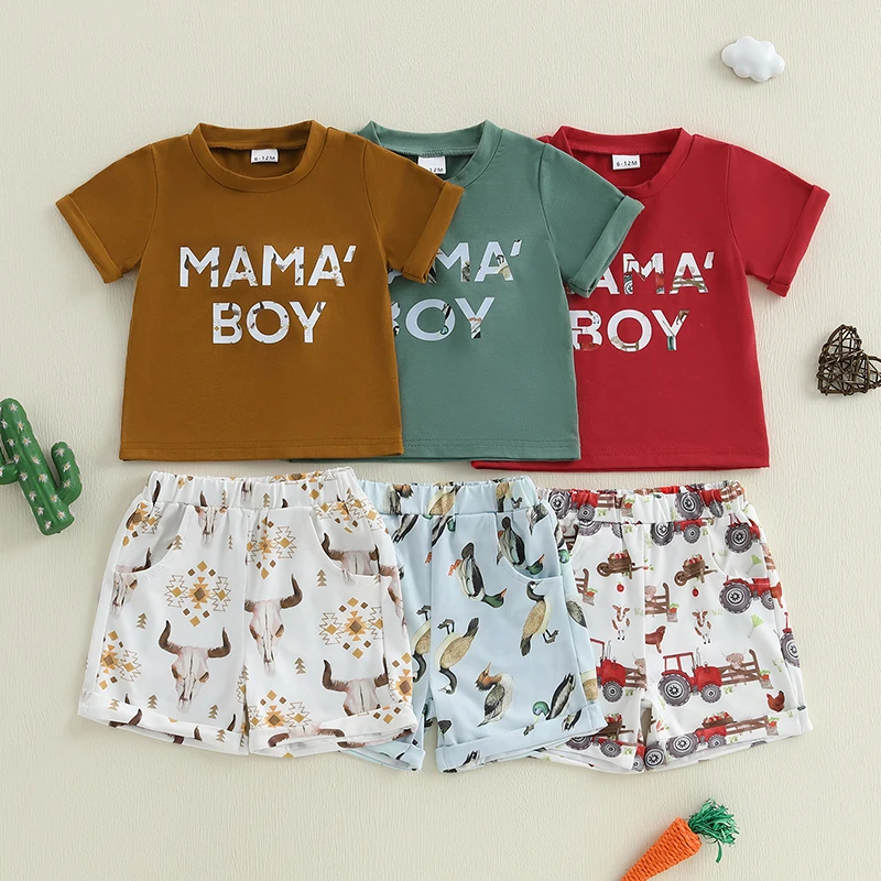 Boys Summer Shorts Sets Short Sleeve O Neck Letter Print Tops and Cattle Head/Duck/Tractor Print Shorts Sets