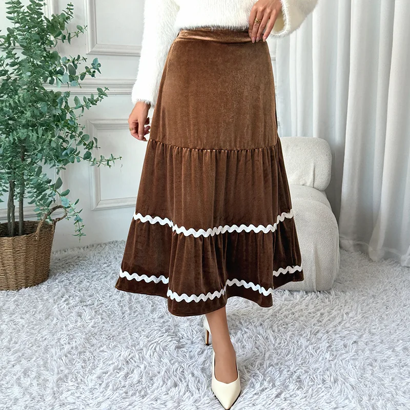 Office Lady Brown Big Swing Maxi Skirts 2025 French Elegant Velvet A-Line Ruffled Midi Skirt With Elastic Waist For Women Y2K
