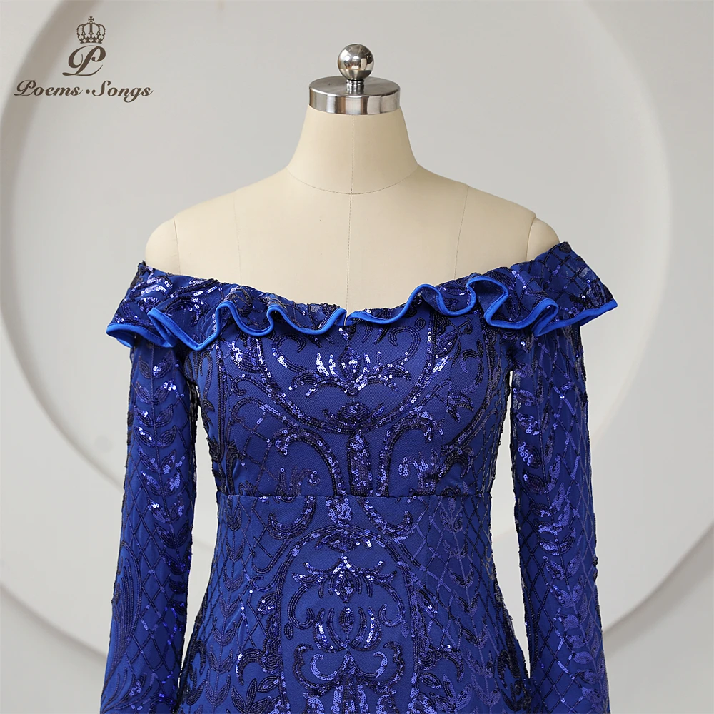 Royal Blue Sequins ชุดราตรี Mermaid แขนยาว Ruffles ปิดไหล่พลัสขนาดผู้หญิงทรัมเป็ต Celebrity Maxi ชุด