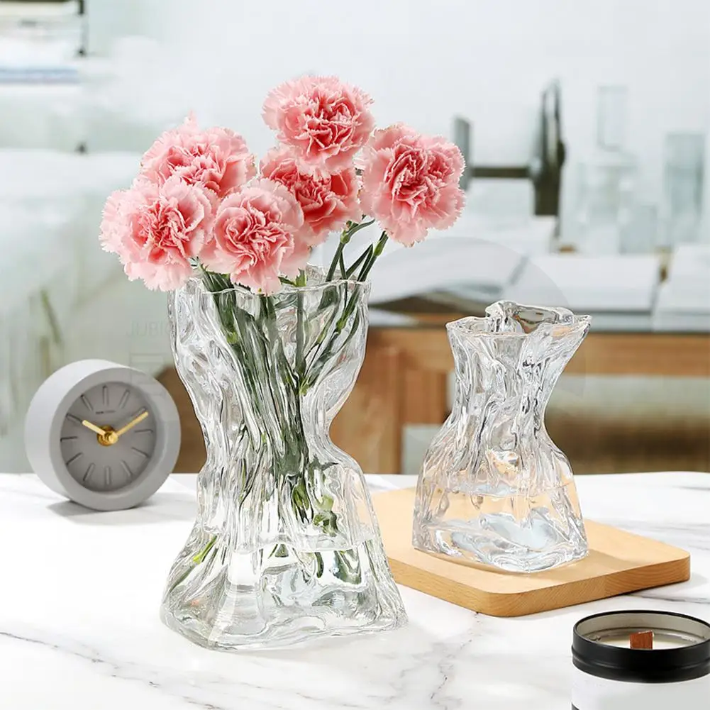 Creative Folded Money Bag Transparent Glass Vase Big Flower Bottle Tabletop Hydroponic Pot Home Living Room Table Decoration view 3