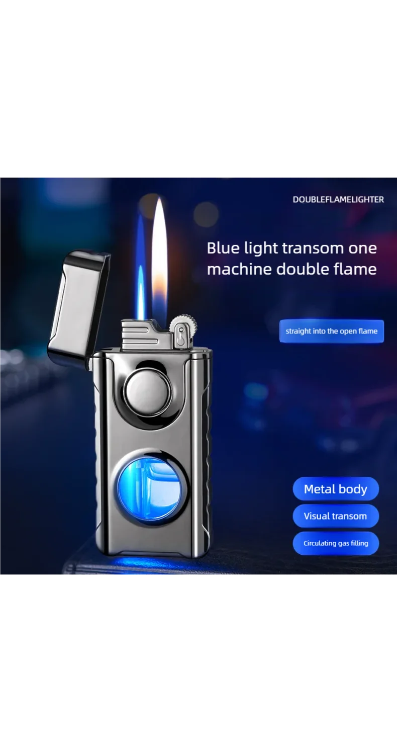 New Double Fire Direct Charging and Bright Fire Lighter with Flexible Switching, Creative Perspective Window with Blue Light Inf