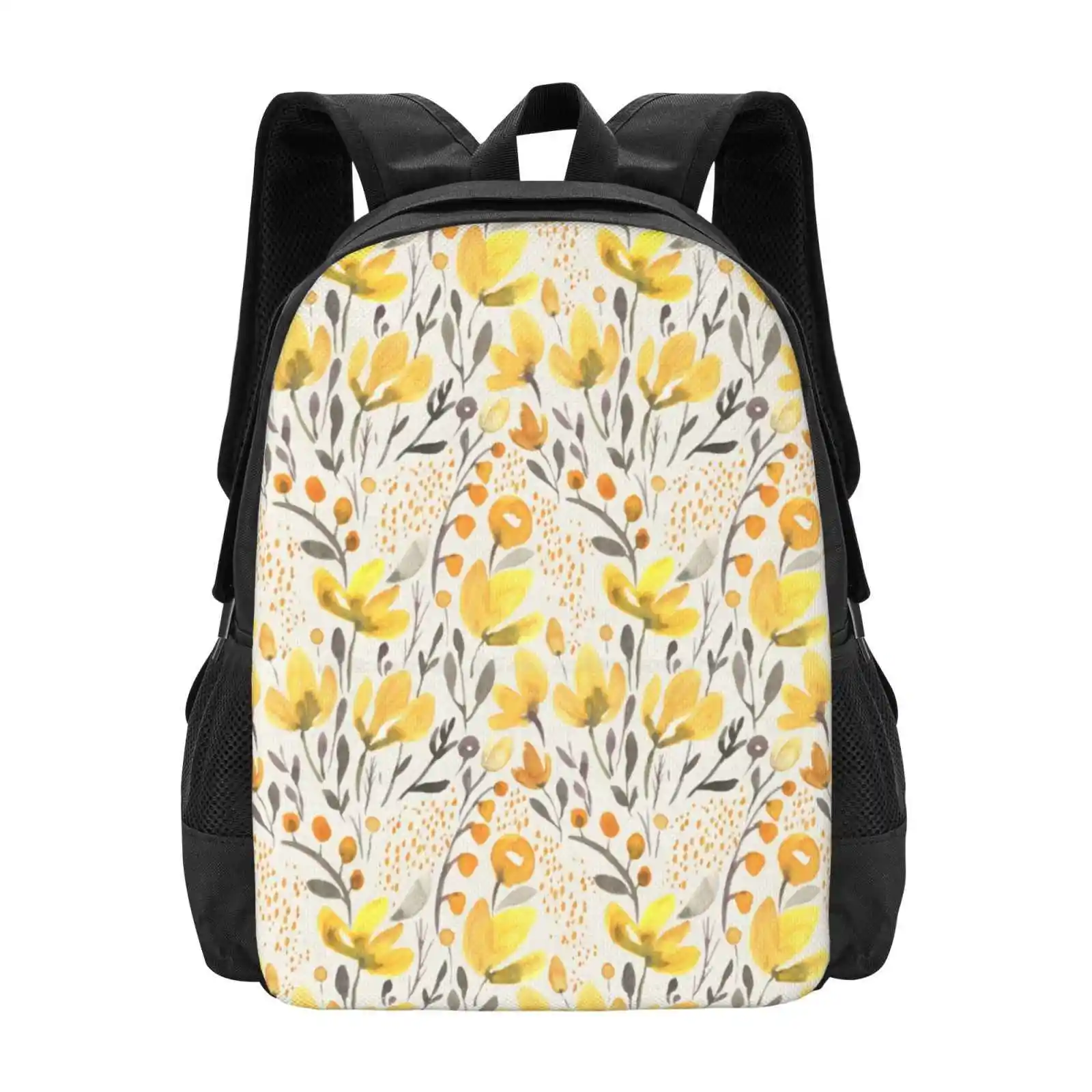 Yellow Field Pattern Design Bag Student'S Backpack Floral Pattern Botanical Watercolor Watercolour Yellow Flower Wild Nature