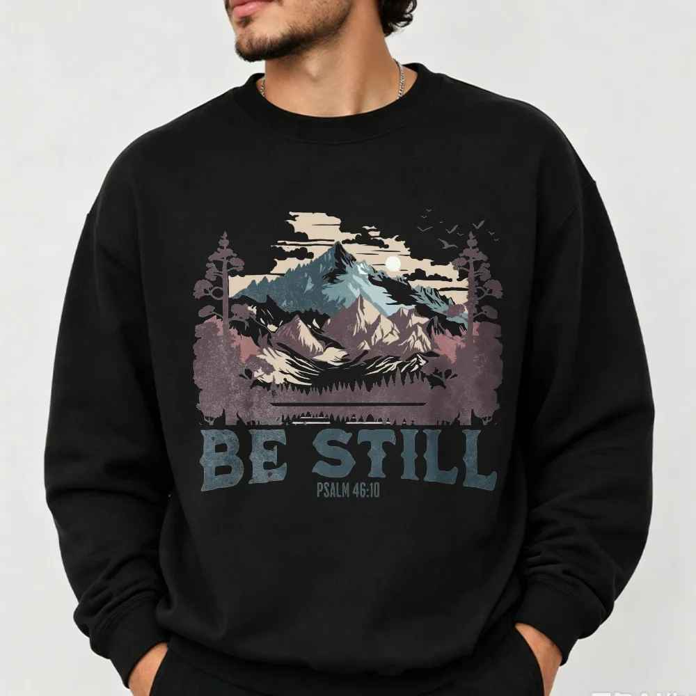 Be Still Psalm 46:10 Vintage Mountain Forest Graphic Sweatshirt Christian Faith Bible Verse Print Believer Soft Casual Pullover