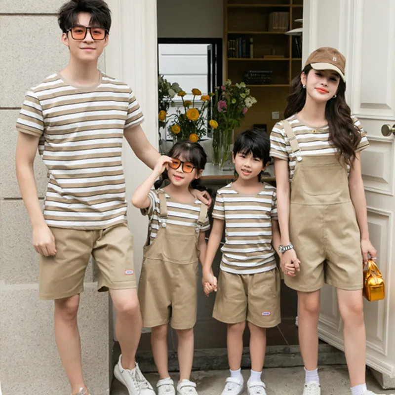 Family Look Set Korean Style Mom and Daughter Son T Shirts Jumpsuit Outfits Dad Children Tee Shirt Shorts Parent-child Clothes