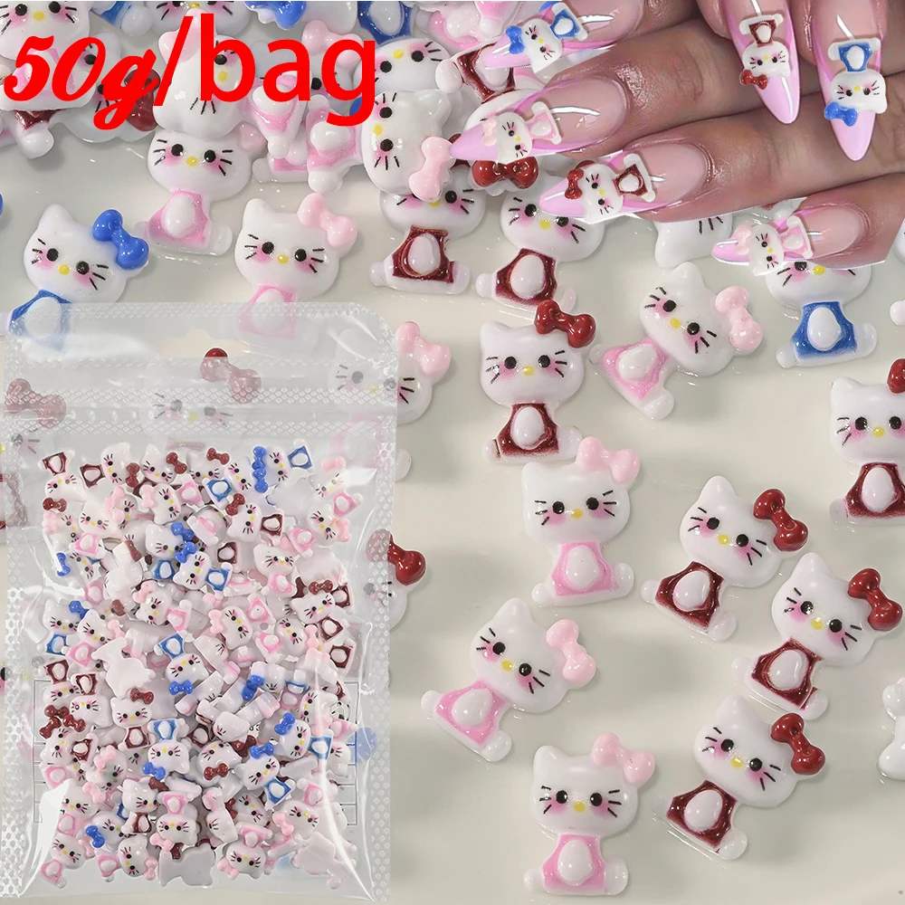 

50 г/пакет 3D смола синий розовый Hello Kitty подвески для ногтей мультфильм мини-котенок бант с плоской задней частью стразы DIY ремесла украшения для дизайна ногтей