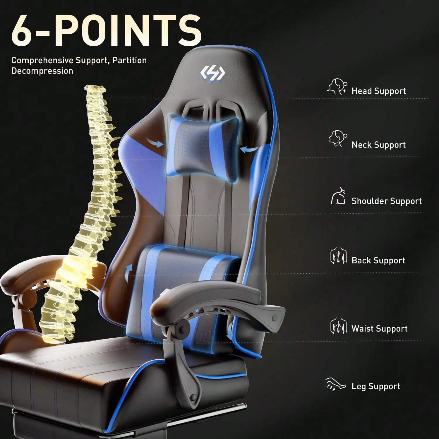 HLDIRECT Gaming Chair, Ergonomic Computer Office Chair With Lumbar Support Footrest Headrest, Adjustable Height & Backrest Angle Video Gamer Chair, PU Leather, 360° Swivel, Adult,Black And Blue view 6